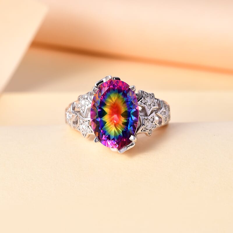 D'Joy Nebula Quartz Doublet and Moissanite 6.50 ctw Celestial Stars Ring in Rhodium Over Sterling Silver (Size 10.0)