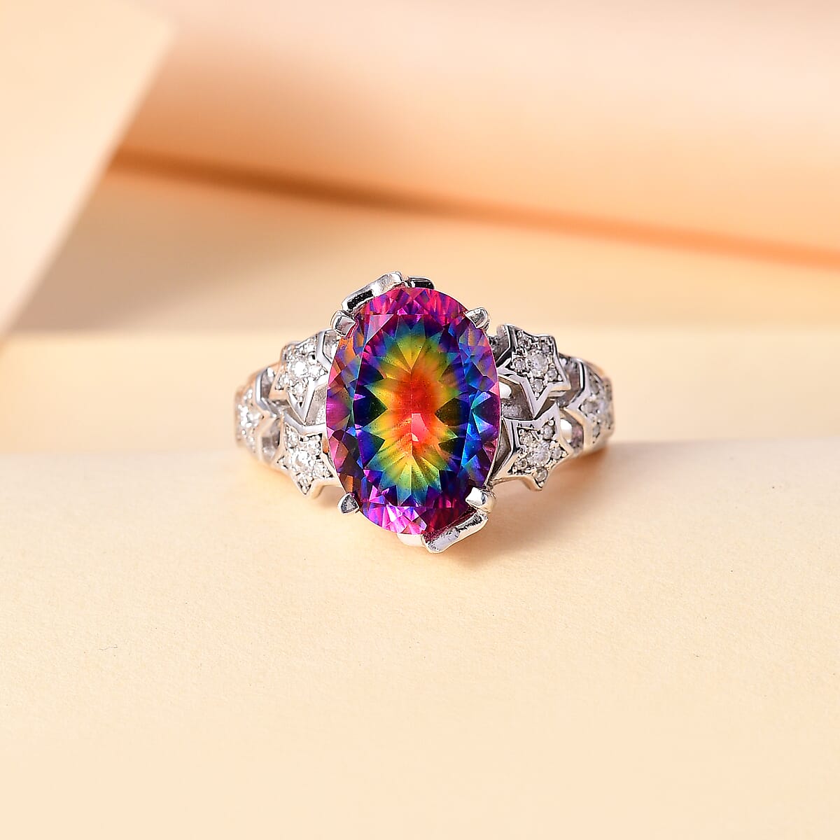 Nebula Quartz Doublet and Moissanite 6.50 ctw Celestial Stars Ring in Rhodium Over Sterling Silver (Size 9.0) image number 1