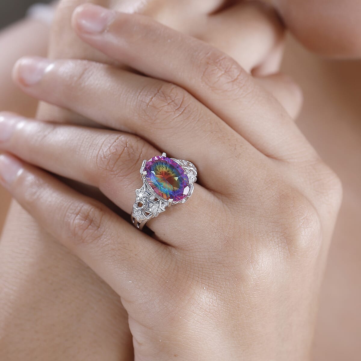 Nebula Quartz Doublet and Moissanite 6.50 ctw Celestial Stars Ring in Rhodium Over Sterling Silver (Size 9.0) image number 2