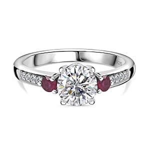 Moissanite and Niassa Ruby (FF) 1.29 ctw Ring in Rhodium Over Sterling Silver (Size 10)