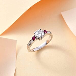 Moissanite and Niassa Ruby (FF) 1.29 ctw Ring in Rhodium Over Sterling Silver (Size 10)