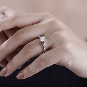 Moissanite and Niassa Ruby (FF) 1.29 ctw Ring in Rhodium Over Sterling Silver (Size 10)