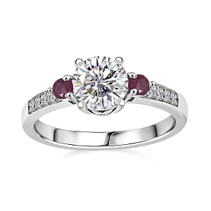 Moissanite and Niassa Ruby (FF) 1.29 ctw Ring in Rhodium Over Sterling Silver (Size 10)