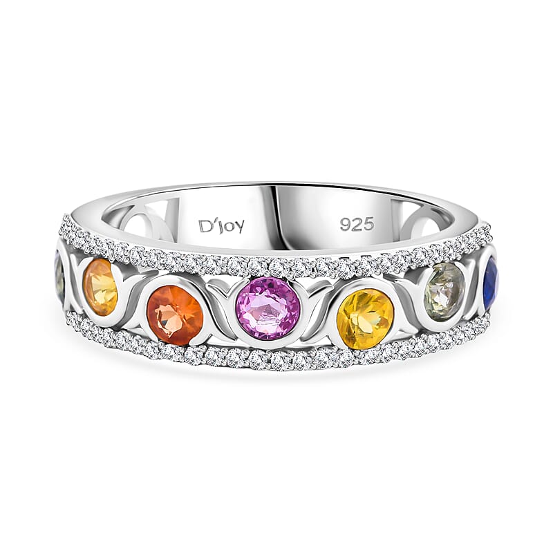 Multi Sapphire and White Zircon 1.50 ctw Ring in Rhodium Over Sterling Silver (Size 10.0)