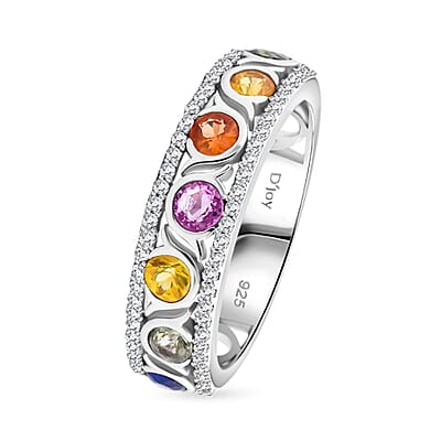 Multi Sapphire and White Zircon 1.50 ctw Ring in Rhodium Over Sterling Silver (Size 10.0)