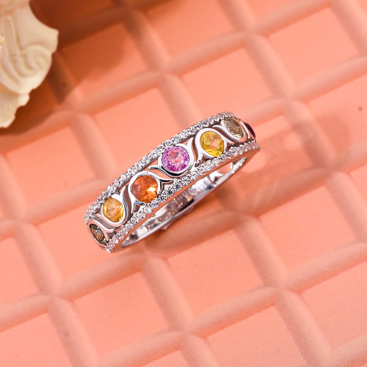Multi Sapphire and White Zircon 1.50 ctw Ring in Rhodium Over Sterling Silver (Size 8.0) image number 1