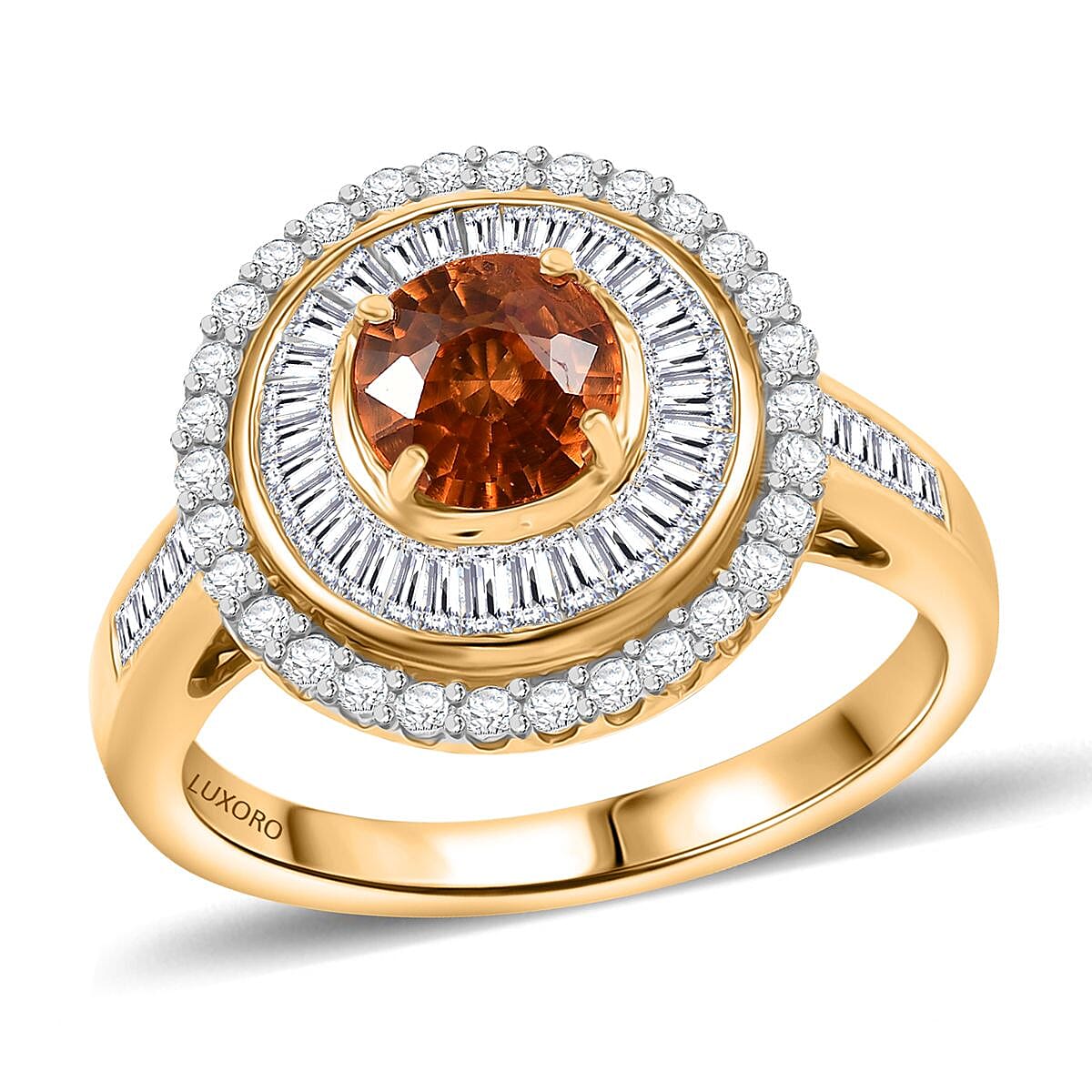 Certified & Appraised Luxoro AAA Orange Sapphire and I2 Diamond 2.00 ctw Ring in 14K Yellow Gold (Size 6.0) 5.27 Grams image number 0