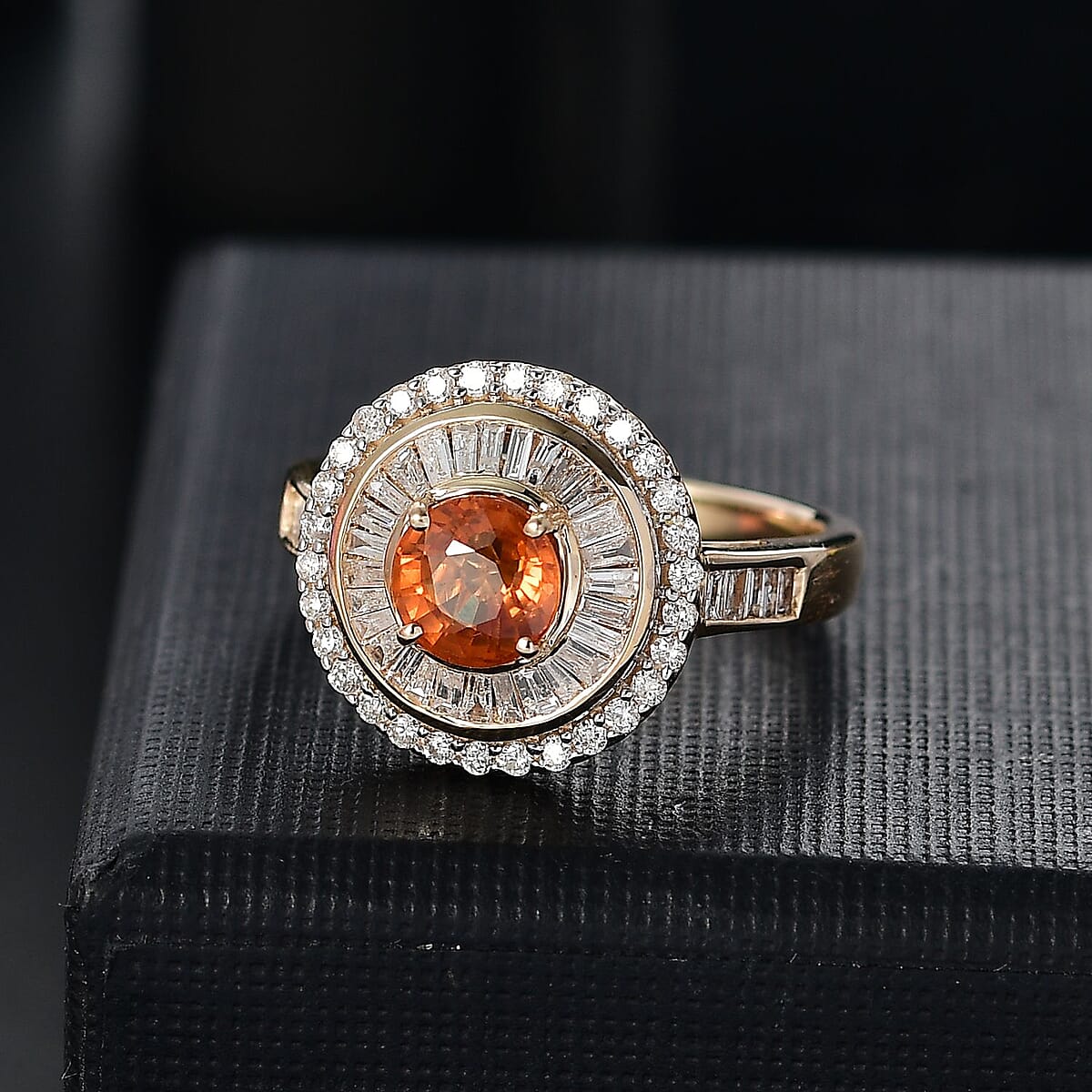 Certified & Appraised Luxoro AAA Orange Sapphire and I2 Diamond 2.00 ctw Ring in 14K Yellow Gold (Size 6.0) 5.27 Grams image number 1