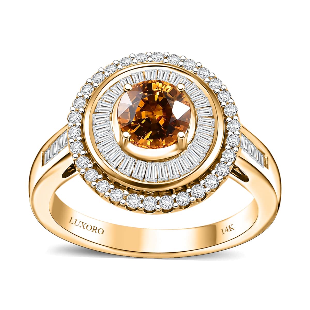 14K Yellow Gold  AAA   Orange Sapphire ,  White Diamond  I2 Main Stone With Side Stone Ring 1.96 ctw ,  Gold Wt. 3.5 g image number 0