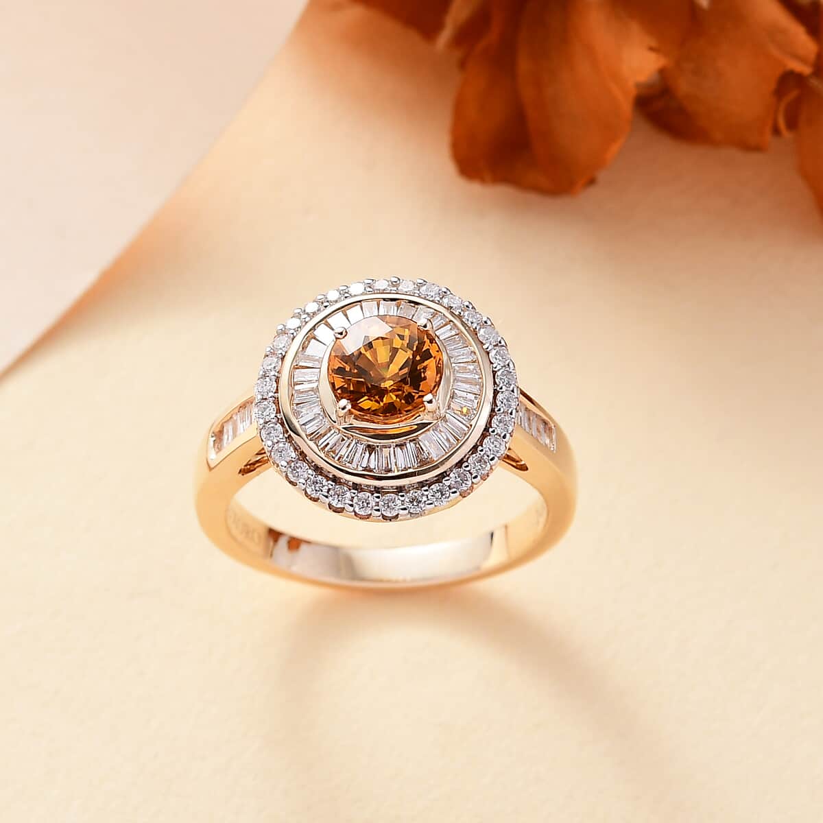 14K Yellow Gold  AAA   Orange Sapphire ,  White Diamond  I2 Main Stone With Side Stone Ring 1.96 ctw ,  Gold Wt. 3.5 g image number 1