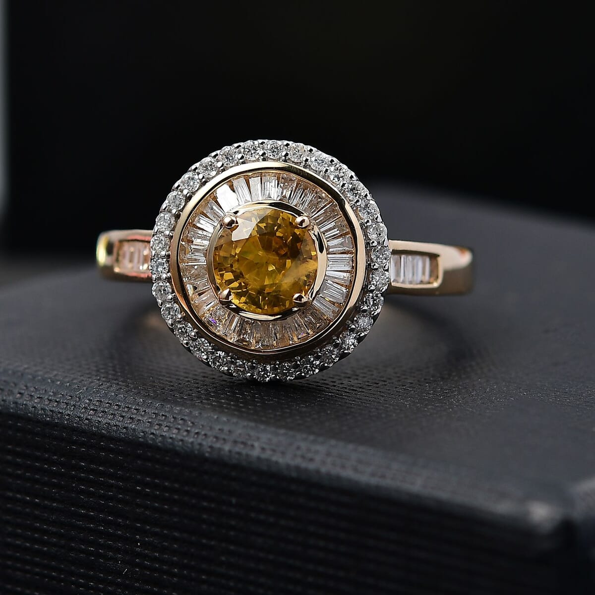 Certified & Appraised Luxoro AAA Madagascar Yellow Sapphire and I2 Diamond 2.00 ctw Double Halo Ring in 14K Yellow Gold (Size 6.0) 4.88 Grams image number 1