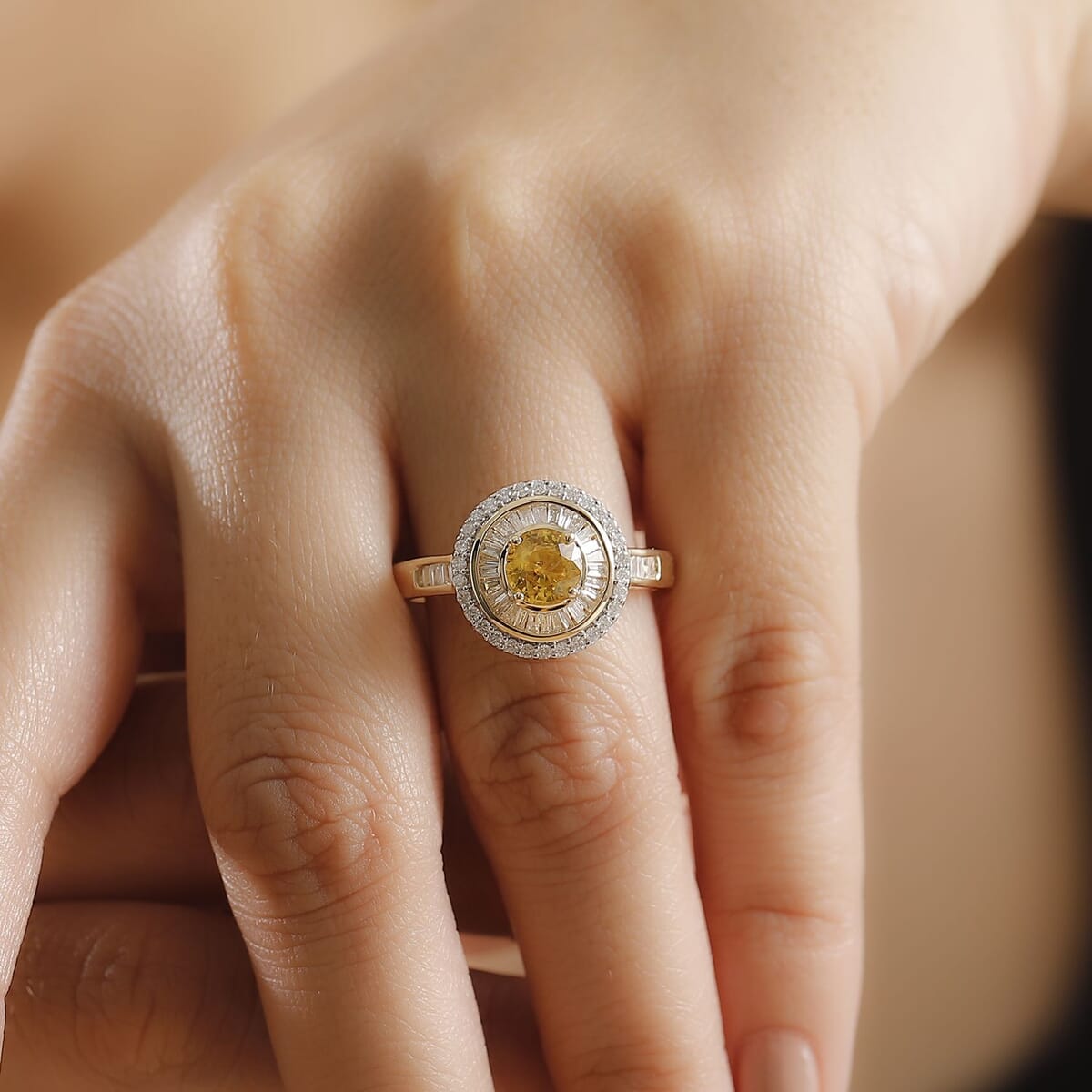 Certified & Appraised Luxoro AAA Madagascar Yellow Sapphire and I2 Diamond 2.00 ctw Double Halo Ring in 14K Yellow Gold (Size 6.0) 4.88 Grams image number 2