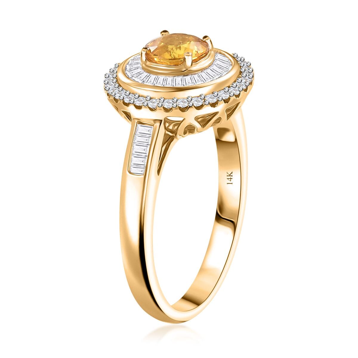 Certified & Appraised Luxoro AAA Madagascar Yellow Sapphire and I2 Diamond 2.00 ctw Double Halo Ring in 14K Yellow Gold (Size 6.0) 4.88 Grams image number 3