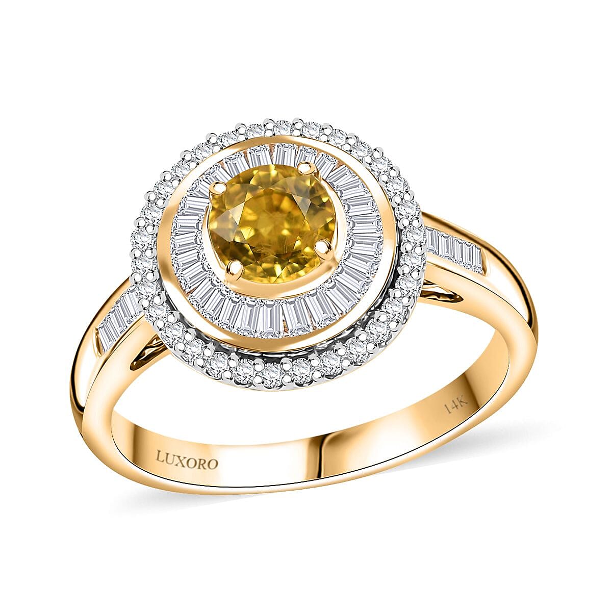 Certified & Appraised Luxoro AAA Madagascar Yellow Sapphire and I2 Diamond 2.00 ctw Double Halo Ring in 14K Yellow Gold (Size 7.0) 4.88 Grams image number 0