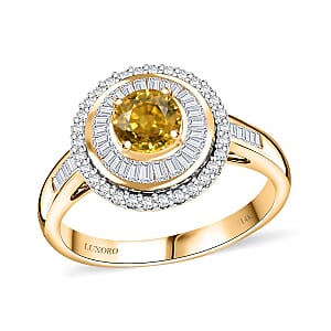 Certified & Appraised Luxoro AAA Madagascar Yellow Sapphire and I2 Diamond 2.00 ctw Double Halo Ring in 14K Yellow Gold (Size 7.0) 4.88 Grams