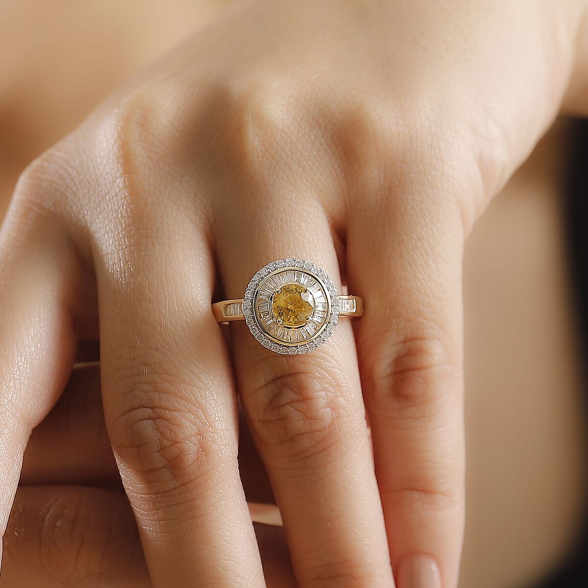 Certified & Appraised Luxoro AAA Madagascar Yellow Sapphire and I2 Diamond 2.00 ctw Double Halo Ring in 14K Yellow Gold (Size 7.0) 4.88 Grams image number 2