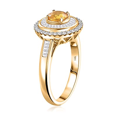 Certified & Appraised Luxoro AAA Madagascar Yellow Sapphire and Diamond I2 2.00 ctw Double Halo Ring in 14K Yellow Gold (Size  7.0)  4.88 Grams