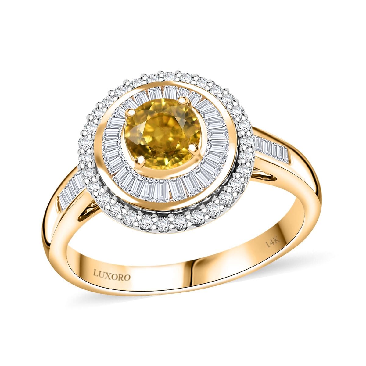 Certified & Appraised Luxoro AAA Madagascar Yellow Sapphire and I2 Diamond 2.00 ctw Double Halo Ring in 14K Yellow Gold (Size 8.0) 4.88 Grams image number 0