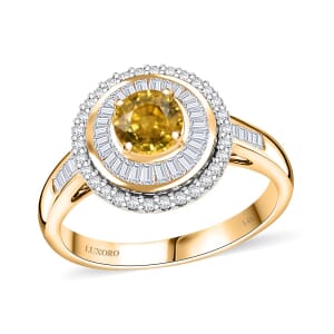 Certified & Appraised Luxoro AAA Madagascar Yellow Sapphire and I2 Diamond 2.00 ctw Double Halo Ring in 14K Yellow Gold (Size 9.0) 4.88 Grams