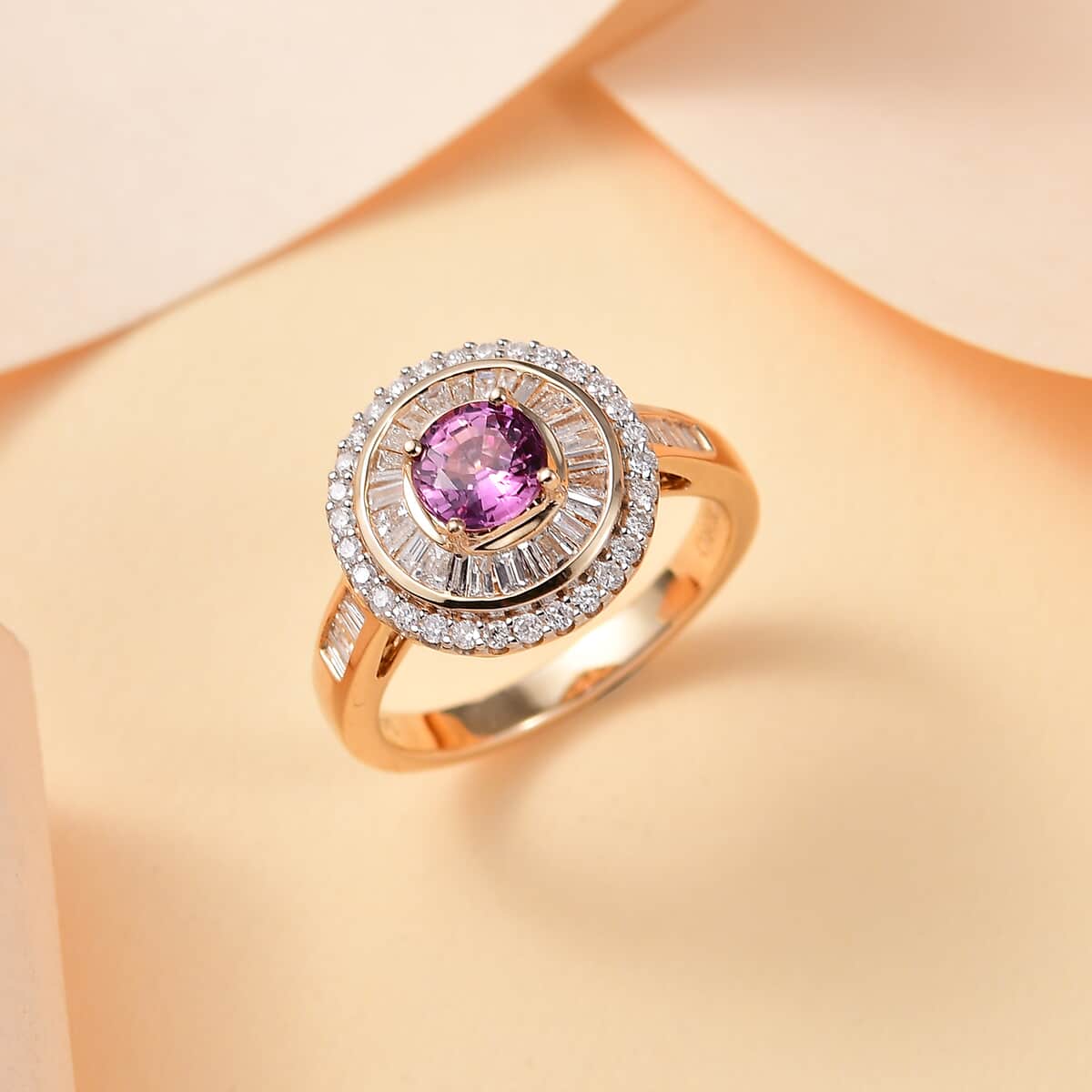 Certified & Appraised Luxoro AAA Pink Sapphire and I2 Diamond 1.61 ctw Ring in 14K Yellow Gold (Size 7.0) 5.11 Grams image number 1