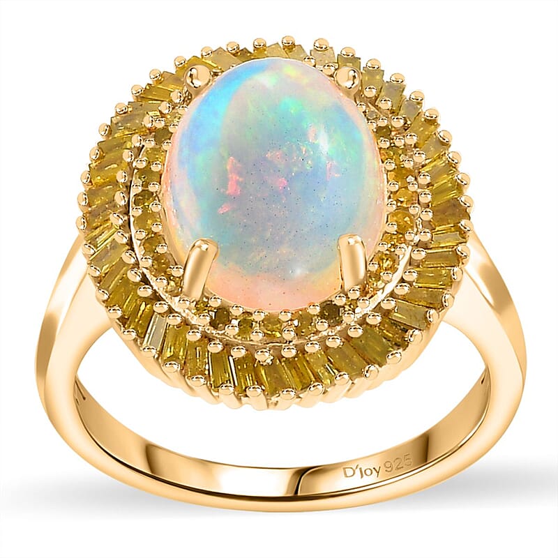 D'Joy Premium Ethiopian Welo Opal and Yellow Diamond 2.75 ctw Water Oasis Ring in 18K Vermeil Yellow Gold Over Sterling Silver (Size 10.0)