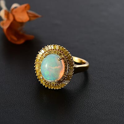 D'Joy Premium Ethiopian Welo Opal and Yellow Diamond 2.75 ctw Water Oasis Ring in 18K Vermeil Yellow Gold Over Sterling Silver (Size 10.0)