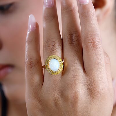 D'Joy Premium Ethiopian Welo Opal and Yellow Diamond 2.75 ctw Water Oasis Ring in 18K Vermeil Yellow Gold Over Sterling Silver (Size 10.0)