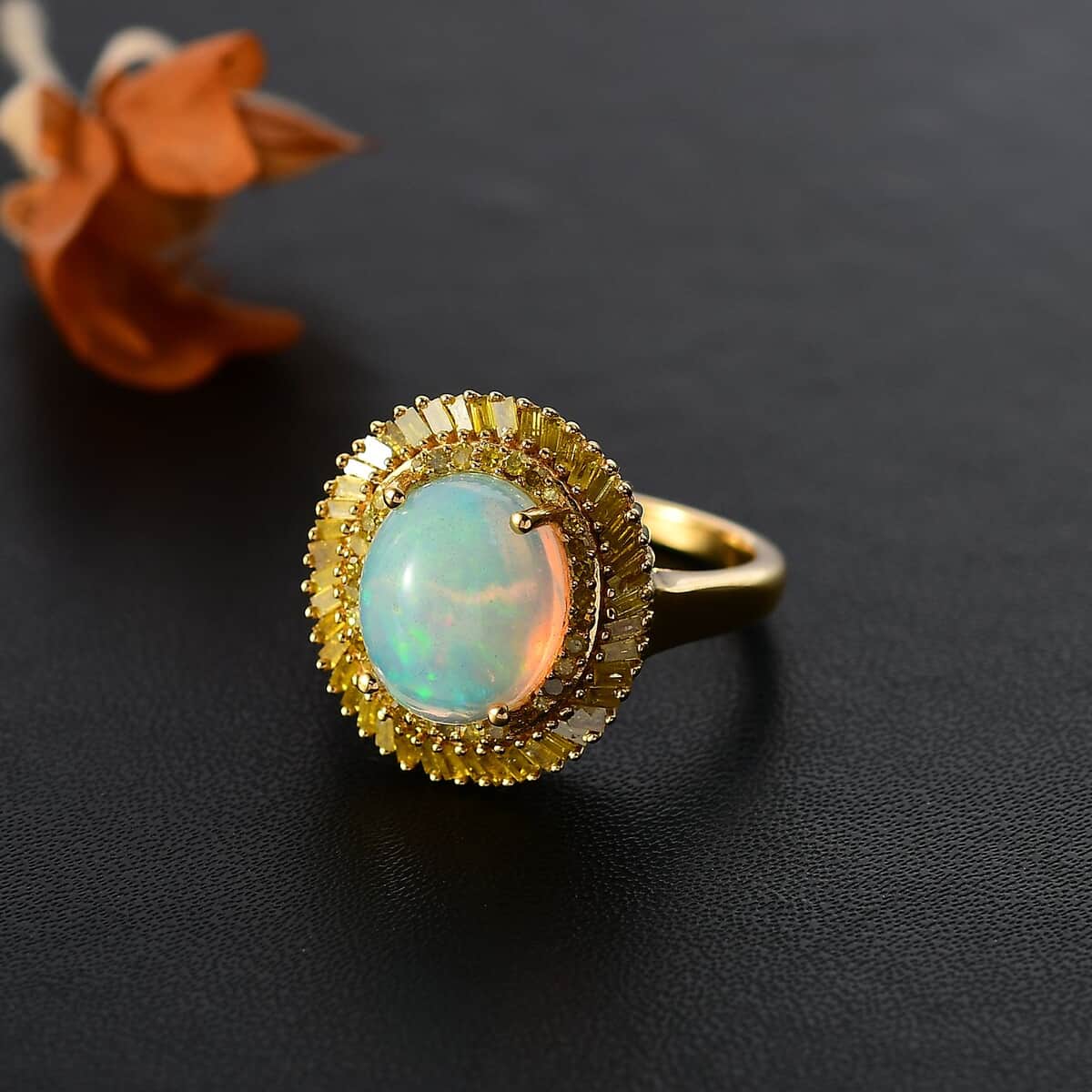 Premium Ethiopian Welo Opal and Yellow Diamond 2.75 ctw Water Oasis Ring in 18K Vermeil Yellow Gold Over Sterling Silver (Size 7.0) image number 1