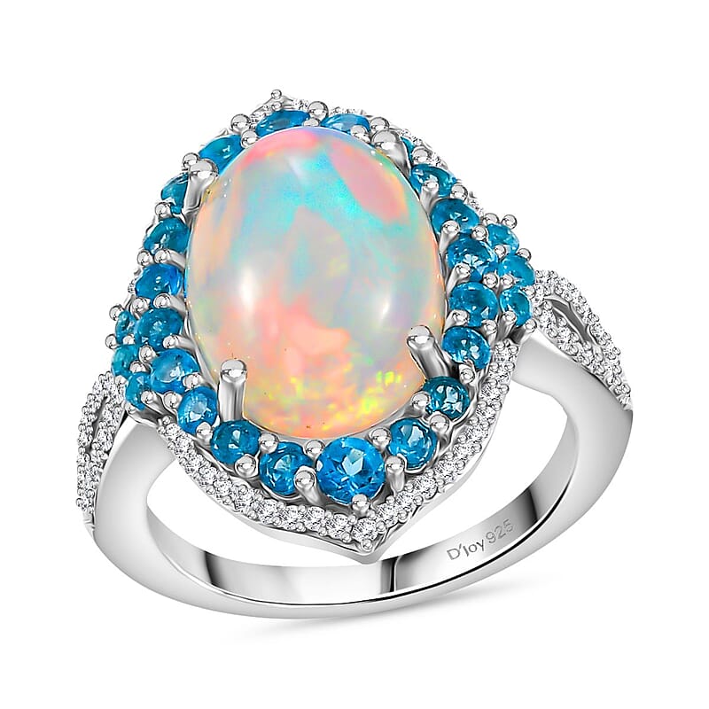 Premium Ethiopian Welo Opal and Multi Gemstone 5.10 ctw Sunshine on Ocean Ring in Rhodium Over Sterling Silver (Size 10.0)