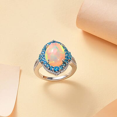 Premium Ethiopian Welo Opal and Multi Gemstone 5.10 ctw Sunshine on Ocean Ring in Rhodium Over Sterling Silver (Size 10.0)