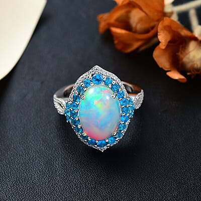 Premium Ethiopian Welo Opal and Multi Gemstone 5.10 ctw Sunshine on Ocean Ring in Rhodium Over Sterling Silver (Size 10.0)