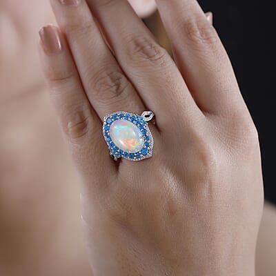 Premium Ethiopian Welo Opal and Multi Gemstone 5.10 ctw Sunshine on Ocean Ring in Rhodium Over Sterling Silver (Size 10.0)