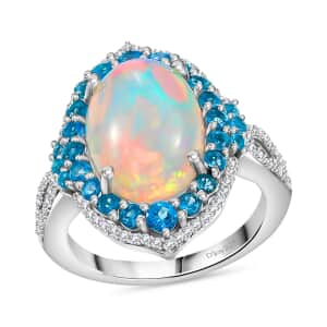 Premium Ethiopian Welo Opal and Multi Gemstone 5.10 ctw Sunshine on Ocean Ring in Rhodium Over Sterling Silver (Size 7.0)