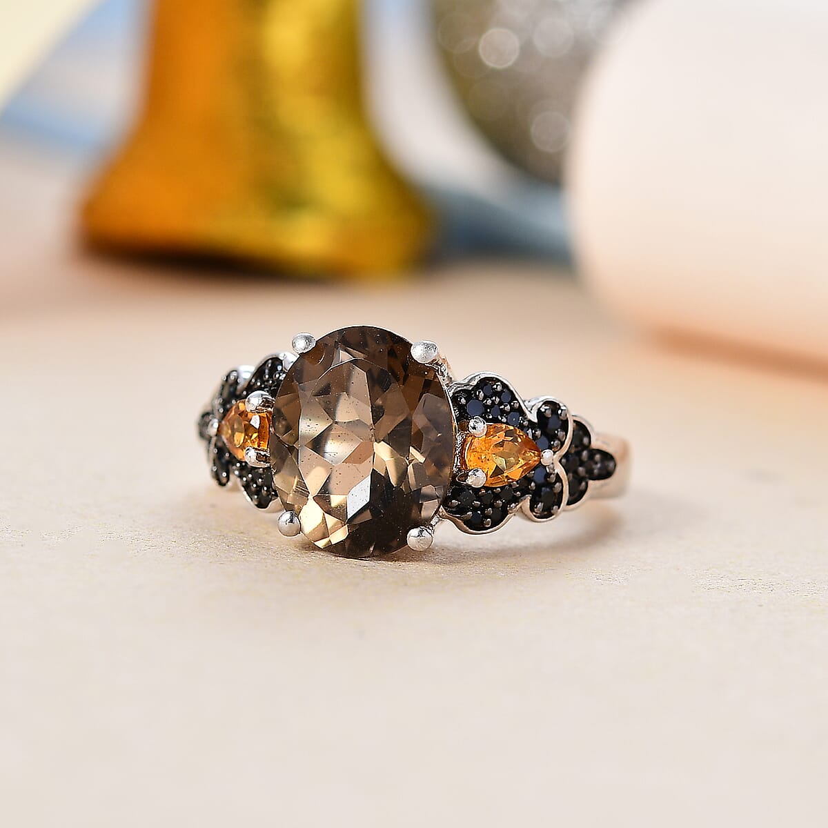 Karis Brazilian Smoky Quartz and Multi Gemstone 3.90 ctw Ember Bloom Ring in Platinum Bond (Size 9.0) image number 1