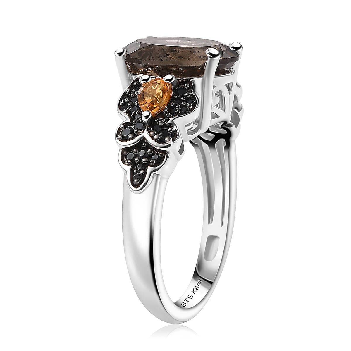 Karis Brazilian Smoky Quartz and Multi Gemstone 3.90 ctw Ember Bloom Ring in Platinum Bond (Size 9.0) image number 3