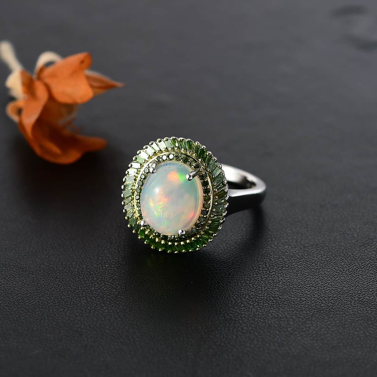 Premium Ethiopian Welo Opal and Green Diamond 2.75 ctw Water Oasis Ring in Rhodium Over Sterling Silver (Size 7.0) image number 1