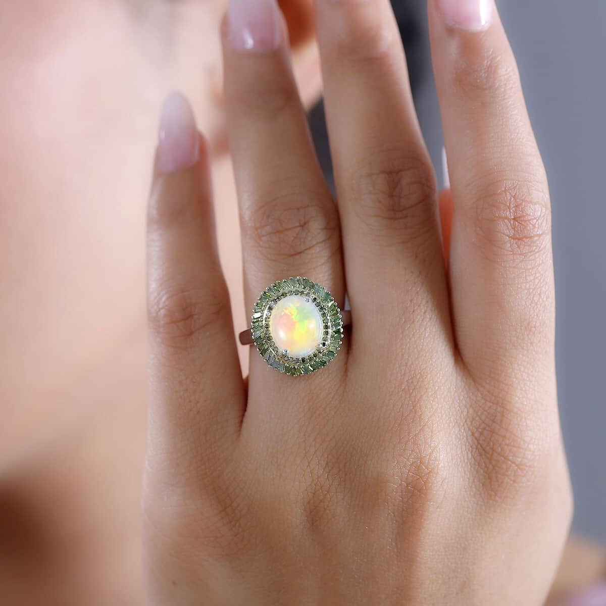 Premium Ethiopian Welo Opal and Green Diamond 2.75 ctw Water Oasis Ring in Rhodium Over Sterling Silver (Size 7.0) image number 2