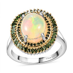 Premium Ethiopian Welo Opal and Green Diamond 2.75 ctw Water Oasis Ring in Rhodium Over Sterling Silver (Size 9.0)