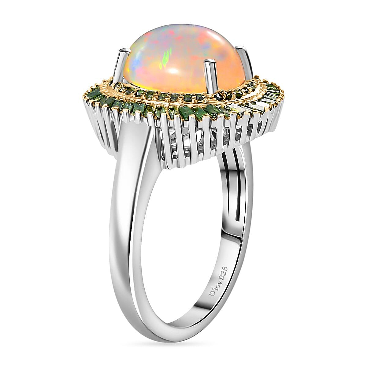 Premium Ethiopian Welo Opal and Green Diamond 2.75 ctw Water Oasis Ring in Rhodium Over Sterling Silver (Size 9.0) image number 3
