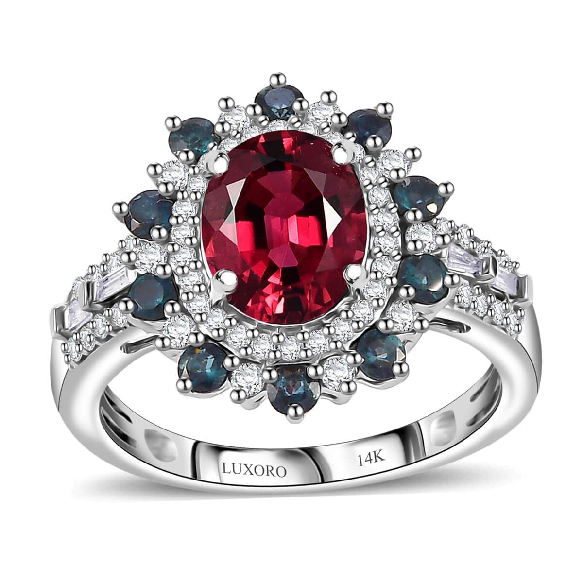 Certified and Appraised Luxoro AAA Ouro Fino Rubellite, Indicolite and G-H I2 Diamond 2.78 ctw Blooming Floral Ring in 14K White Gold (Size 10.0) 4.35 Grams image number 0