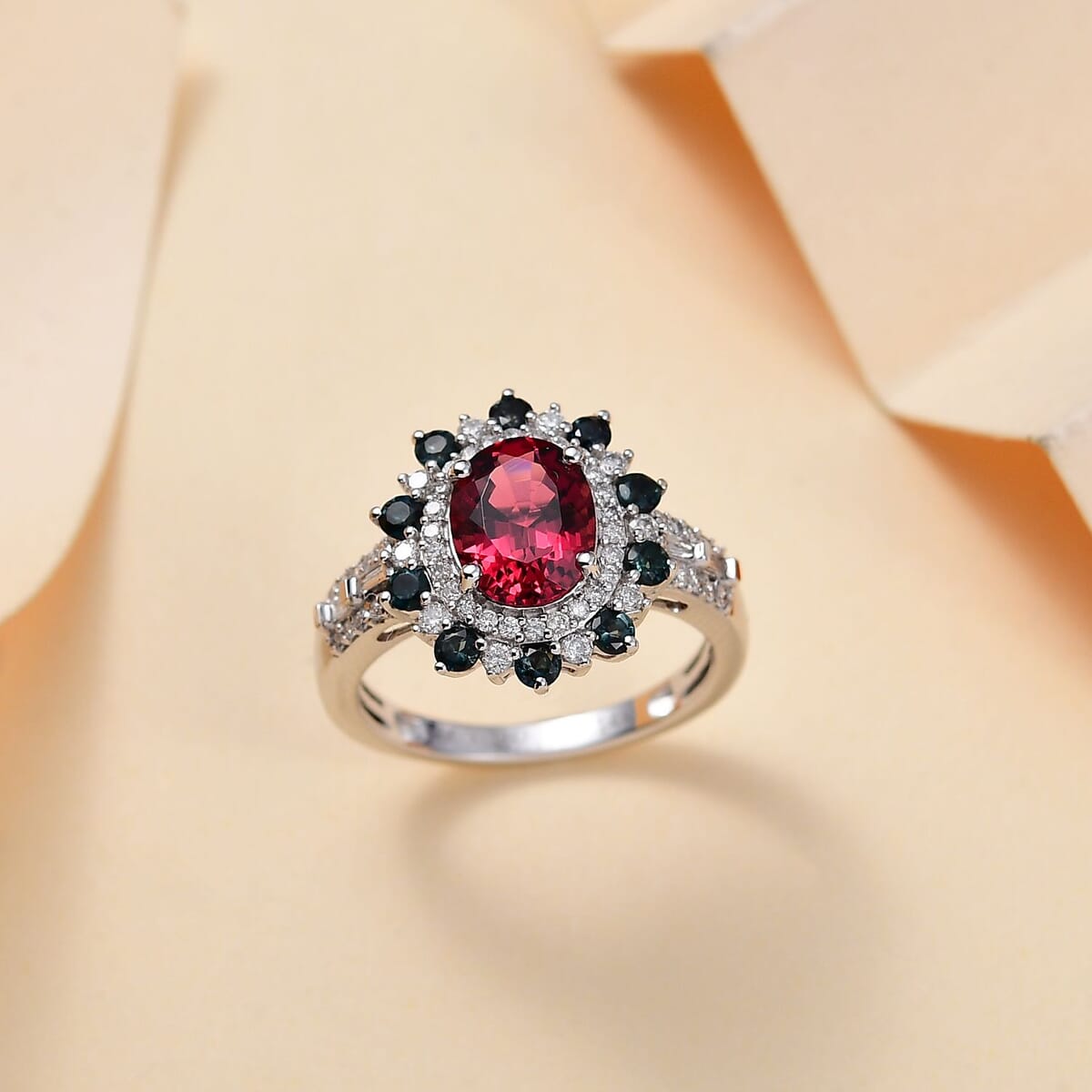 Certified and Appraised Luxoro AAA Ouro Fino Rubellite, Indicolite and G-H I2 Diamond 2.78 ctw Blooming Floral Ring in 14K White Gold (Size 11.0) 4.35 Grams image number 1