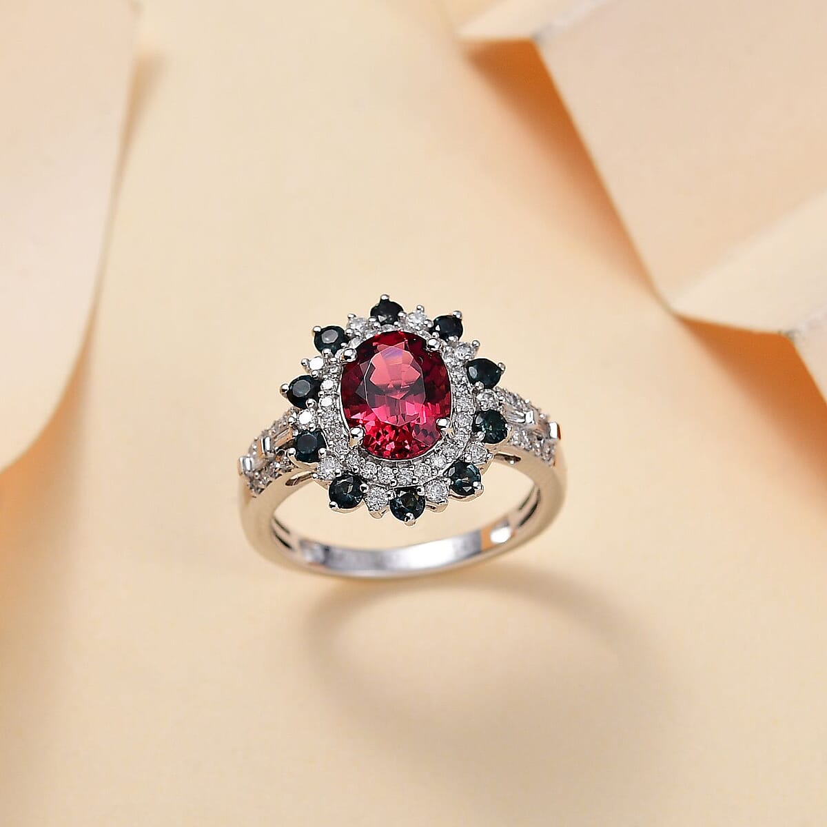 Certified and Appraised Luxoro AAA Ouro Fino Rubellite, Indicolite and G-H I2 Diamond 2.78 ctw Blooming Floral Ring in 14K White Gold (Size 6.0) 4.35 Grams image number 1