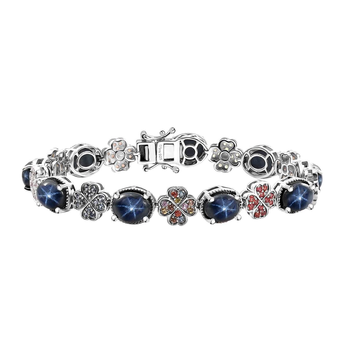 Blue Star Sapphire (DF) and Multi Gemstone 30.35 ctw Clover Leaf Bracelet in Rhodium Over Sterling Silver (7.25 In) image number 0