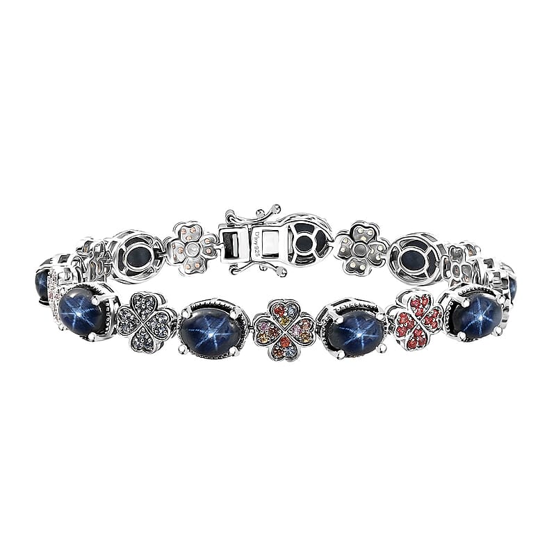 D'Joy Blue Star Sapphire (DF) and Multi Gemstone 30.35 ctw Clover Leaf Bracelet in Rhodium Over Sterling Silver (7.25 In)