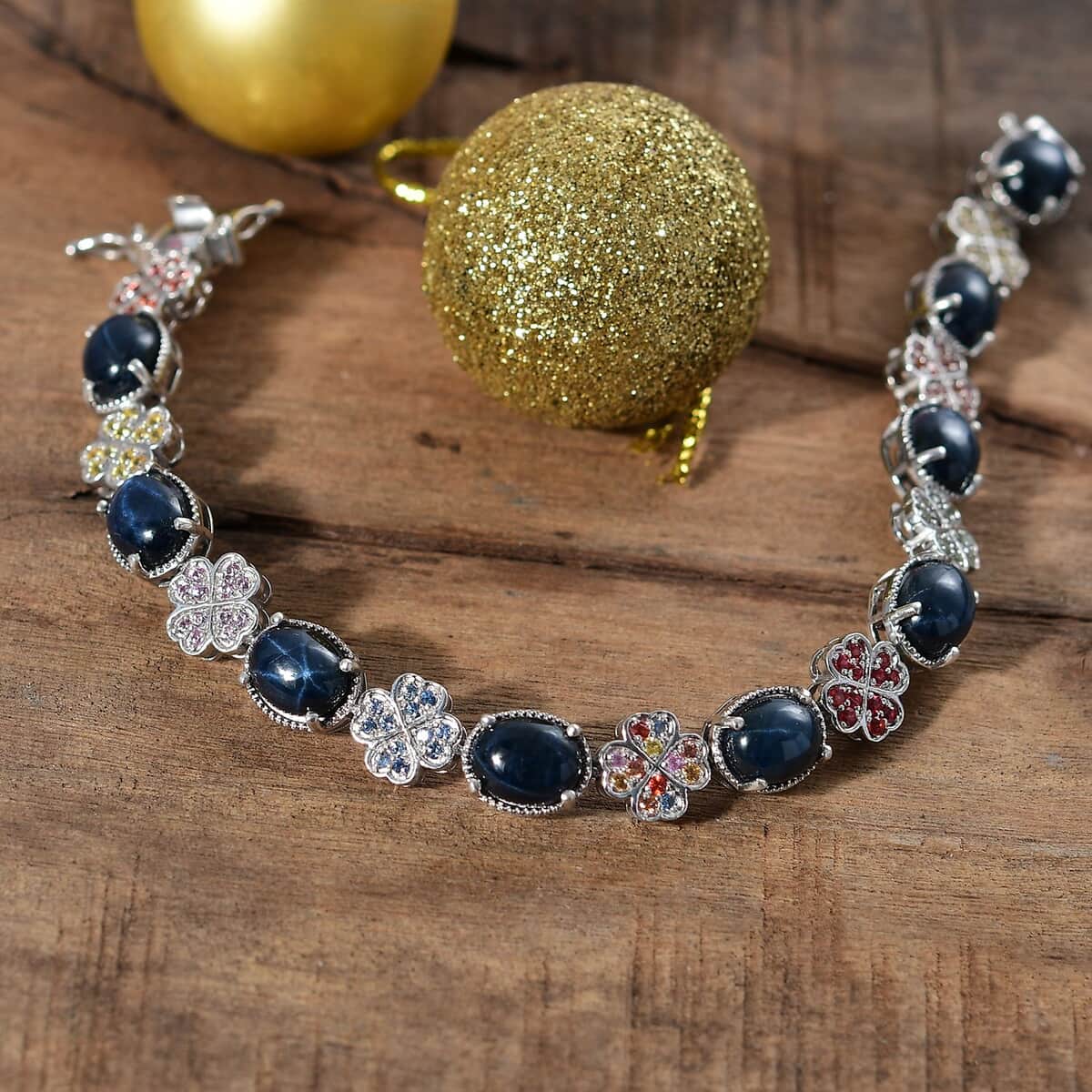 Blue Star Sapphire (DF) and Multi Gemstone 30.35 ctw Clover Leaf Bracelet in Rhodium Over Sterling Silver (7.25 In) image number 1