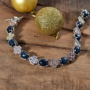 D'Joy Blue Star Sapphire (DF) and Multi Gemstone 30.35 ctw Clover Leaf Bracelet in Rhodium Over Sterling Silver (7.25 In)