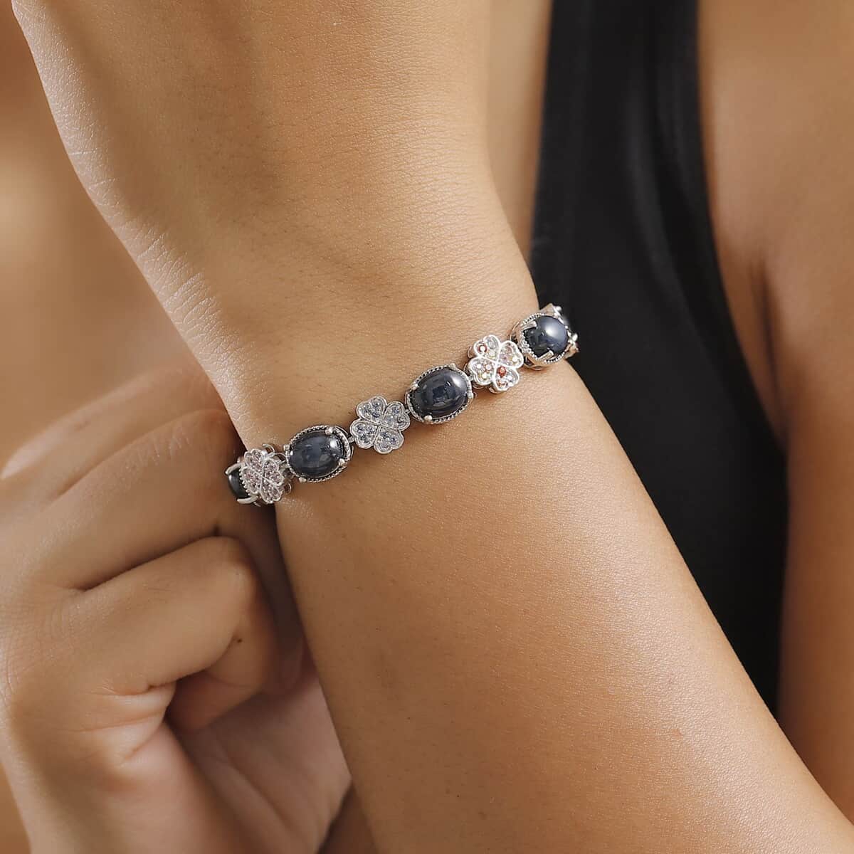 Blue Star Sapphire (DF) and Multi Gemstone 30.35 ctw Clover Leaf Bracelet in Rhodium Over Sterling Silver (7.25 In) image number 2