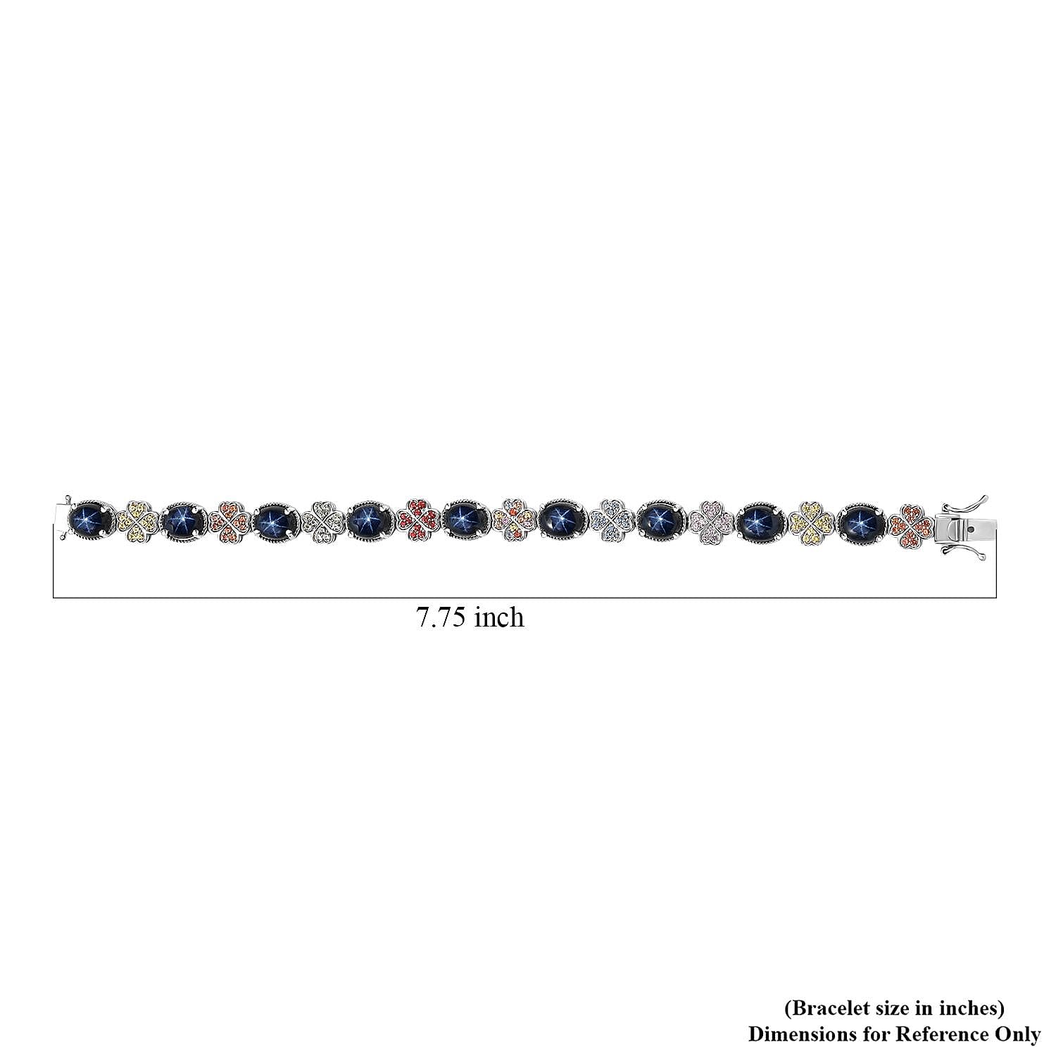 D'Joy Blue Star Sapphire (DF) and Multi Gemstone 30.35 ctw Clover Leaf Bracelet in Rhodium Over Sterling Silver (7.25 In)