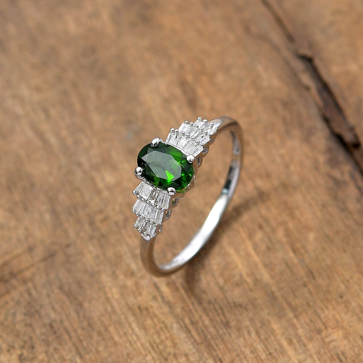 Premium Chrome Diopside and Diamond 1.00 ctw Ring in Rhodium Over Sterling Silver (Size 8.0) image number 1