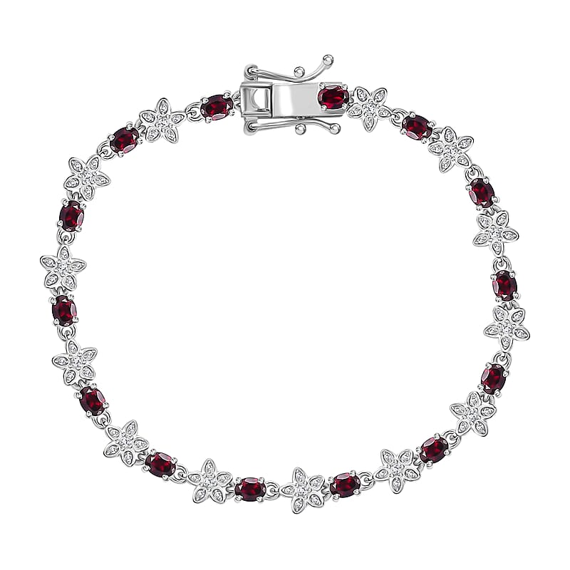 D'Joy Premium Anthill Garnet and Moissanite 4.80 ctw Flower Bracelet in Rhodium Over Sterling Silver (6.50 In)